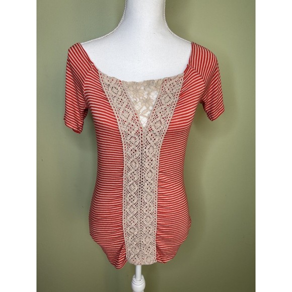 FREE PEOPLE Orange Striped Off Shoulder Short Sleeve Crochet Lace Women’s Top M - Picture 1 of 7